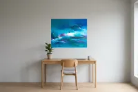 Tableau Abstrait Bleu 135 “Aurore Australe”, peinture originale à l'huile par Régine Gardan, 91 × 73 cm, tableau bleu accroché dans un bureau