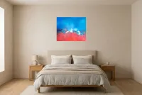 Tableau Abstrait Bleu 157 “Fusion”, peinture originale à l'huile par Régine Gardan, 73 × 60 cm, tableau bleu accroché dans une chambre