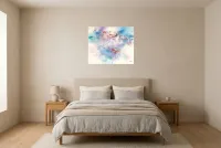 Tableau Abstrait Bleu 159 “Pureté”, peinture originale à l'huile par Régine Gardan, 73 × 60 cm, tableau bleu accroché dans une chambre