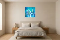 Tableau Abstrait Bleu 163 ” Ère glaciaire”, peinture originale à l'huile par Régine Gardan, 60 × 60 cm, tableau bleu accroché dans une chambre
