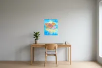 Tableau Abstrait Bleu 173 “Lotus”, peinture originale à l'huile par Régine Gardan, 46 × 55 cm, tableau bleu accroché dans un bureau