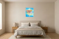 Tableau Abstrait Bleu 173 “Lotus”, peinture originale à l'huile par Régine Gardan, 46 × 55 cm, tableau bleu accroché dans une chambre