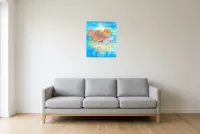 Tableau Abstrait Bleu 173 “Lotus”, peinture originale à l'huile par Régine Gardan, 46 × 55 cm, tableau bleu accroché dans un salon