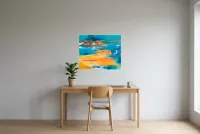 Tableau Abstrait Bleu 177 “Plage Paradisiaque”, peinture originale à l'huile par Régine Gardan, 73 × 60 cm, tableau bleu accroché dans un bureau