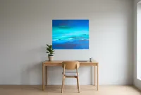 Tableau Abstrait Bleu 195 ” Ligne Horizon”, peinture originale à l'huile par Régine Gardan, 91 × 73 cm, tableau bleu accroché dans un bureau
