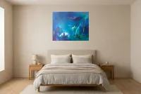 Tableau Abstrait Bleu 20 “Cascade”, peinture originale à l'huile par Régine Gardan, 91 × 73 cm, tableau bleu accroché dans une chambre