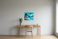 Tableau Abstrait Bleu 229 “Noctiluca”, peinture originale à l'huile par Régine Gardan, 55 × 46 cm, tableau bleu accroché dans un bureau