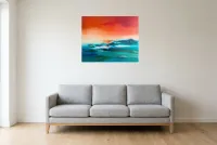 Tableau Abstrait Bleu 233 “Équilibre”, peinture originale à l'huile par Régine Gardan, 80 × 65 cm, tableau bleu accroché dans un salon