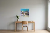 Tableau Abstrait Bleu 24 “Papillon De Nuit”, peinture originale à l'huile par Régine Gardan, 60 × 60 cm, tableau bleu accroché dans un bureau