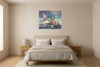Tableau Abstrait Bleu 42 “Reflets d’Étoiles”, peinture originale à l'huile par Régine Gardan, 80 × 65 cm, tableau bleu accroché dans une chambre