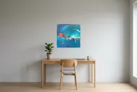 Tableau Abstrait Bleu 60 “Torrent De Mystères”, peinture originale à l'huile par Régine Gardan, 60 × 60 cm, tableau bleu accroché dans un bureau