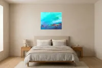 Tableau Abstrait Bleu 86 “Mirage Brumeux”, peinture originale à l'huile par Régine Gardan, 73 × 60 cm, tableau bleu accroché dans une chambre