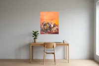 Tableau Abstrait Rouge 44 “Uluru”, peinture originale à l'huile par Régine Gardan, 65 × 80 cm, tableau rouge accroché dans un bureau