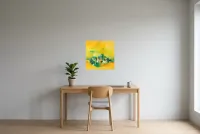 Tableau Abstrait Jaune 111 “Oasis”, peinture originale à l'huile par Régine Gardan, 50 × 50 cm, tableau jaune accroché dans un bureau