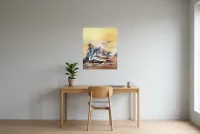 Tableau Abstrait Jaune 139 “Cap”, peinture originale à l'huile par Régine Gardan, 60 × 73 cm, tableau jaune accroché dans un bureau