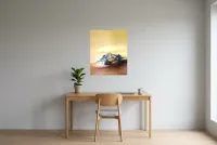 Tableau Abstrait Jaune 171 “Rose Des Sables”, peinture originale à l'huile par Régine Gardan, 60 × 73 cm, tableau jaune accroché dans un bureau