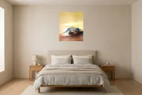 Tableau Abstrait Jaune 171 “Rose Des Sables”, peinture originale à l'huile par Régine Gardan, 60 × 73 cm, tableau jaune accroché dans une chambre
