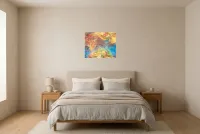 Tableau Abstrait Jaune 181 “Grande Barrière De Corail”, peinture originale à l'huile par Régine Gardan, 55 × 46 cm, tableau jaune accroché dans une chambre