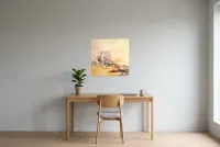 Tableau Abstrait Jaune 190 “Volcan Marin”, peinture originale à l'huile par Régine Gardan, 60 × 60 cm, tableau jaune accroché dans un bureau