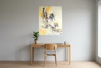 Tableau Abstrait Jaune 197 “Incarnation”, peinture originale à l'huile par Régine Gardan, 80 × 100 cm, tableau jaune accroché dans un bureau