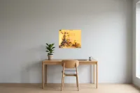 Tableau Abstrait Jaune 23 “Terre Volcanique”, peinture originale à l'huile par Régine Gardan, 55 × 46 cm, tableau jaune accroché dans un bureau