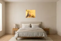 Tableau Abstrait Jaune 23 “Terre Volcanique”, peinture originale à l'huile par Régine Gardan, 55 × 46 cm, tableau jaune accroché dans une chambre