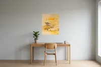Tableau Abstrait Jaune 234 “Coucher De Soleil”, peinture originale à l'huile par Régine Gardan, 60 × 73 cm, tableau jaune accroché dans un bureau
