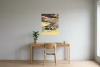 Tableau Abstrait Jaune 235 “Ying Yang”, peinture originale à l'huile par Régine Gardan, 60 × 73 cm, tableau jaune accroché dans un bureau
