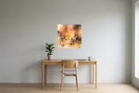 Abstract Schilderij Geel 35 “Feu De Camp”, origineel schilderij in olieverf door Régine Gardan, 60 × 60 cm, geel schilderij opgehangen in een kantoor