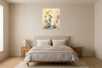 Tableau Abstrait Jaune 36 “Point d’Eau”, peinture originale à l'huile par Régine Gardan, 60 × 73 cm, tableau jaune accroché dans une chambre