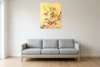 Tableau Abstrait Jaune 40 “Cinq Terres”, peinture originale à l'huile par Régine Gardan, 65 × 80 cm, tableau jaune accroché dans un salon