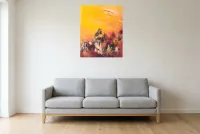 Tableau Abstrait Jaune 43 “Soleil”, peinture originale à l'huile par Régine Gardan, 65 × 80 cm, tableau jaune accroché dans un salon