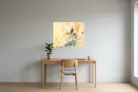 Tableau Abstrait Jaune 56 “Colombe”, peinture originale à l'huile par Régine Gardan, 80 × 65 cm, tableau jaune accroché dans un bureau