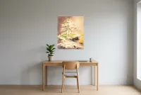 Tableau Abstrait Jaune 65 "Fontaine de Jouvence", peinture originale à l'huile par Régine Gardan, 65 × 81 cm, tableau jaune accroché dans un bureau