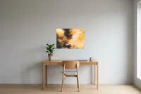 Tableau Abstrait Jaune 66 “l’Espoir”, peinture originale à l'huile par Régine Gardan, 70 × 50 cm, tableau jaune accroché dans un bureau