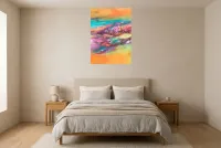 Tableau Abstrait Multicolore 116 “Montagne Des 7 Couleurs”, peinture originale à l'huile par Régine Gardan, 65 × 90 cm, tableau multicolore accroché dans une chambre