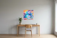 Tableau Abstrait Multicolore 131 “Big Bang”, peinture originale à l'huile par Régine Gardan, 60 × 60 cm, tableau multicolore accroché dans un bureau