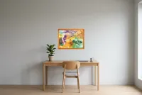 Tableau Abstrait Multicolore 176 “Dimensions”, peinture originale à l'huile par Régine Gardan, 65 × 50 cm, tableau multicolore accroché dans un bureau