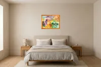 Tableau Abstrait Multicolore 176 “Dimensions”, peinture originale à l'huile par Régine Gardan, 65 × 50 cm, tableau multicolore accroché dans une chambre
