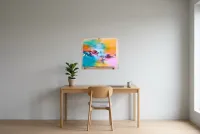 Tableau Abstrait Multicolore 198 “Grande Barrière De Corail”, peinture originale à l'huile par Régine Gardan, 65 × 55 cm, tableau multicolore accroché dans un bureau