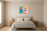 Tableau Abstrait Multicolore 198 “Grande Barrière De Corail”, peinture originale à l'huile par Régine Gardan, 65 × 55 cm, tableau multicolore accroché dans une chambre