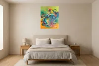Tableau Abstrait Multicolore 222 “Feu d’Artifice”, peinture originale à l'huile par Régine Gardan, 65 × 80 cm, tableau multicolore accroché dans une chambre
