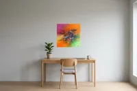 Tableau Abstrait Multicolore 224 “Écosystème”, peinture originale à l'huile par Régine Gardan, 60 × 60 cm, tableau multicolore accroché dans un bureau