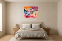 Tableau Abstrait Multicolore 237 “Créativité”, peinture originale à l'huile par Régine Gardan, 80 × 65 cm, tableau multicolore accroché dans une chambre