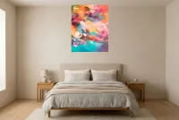 Tableau Abstrait Multicolore 239 “Idylle”, peinture originale à l'huile par Régine Gardan, 73 × 93 cm, tableau multicolore accroché dans une chambre