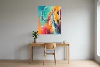 Tableau Abstrait Multicolore 74 “Rêve Idyllique”, peinture originale à l'huile par Régine Gardan, 80 × 100 cm, tableau multicolore accroché dans un bureau