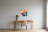 Tableau Abstrait Multicolore 108 “Poisson Clown”, peinture originale à l'huile par Régine Gardan, 50 × 50 cm, tableau multicolore accroché dans un bureau