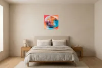 Tableau Abstrait Multicolore 108 “Poisson Clown”, peinture originale à l'huile par Régine Gardan, 50 × 50 cm, tableau multicolore accroché dans une chambre