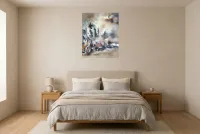 Tableau Abstrait Noir 149 “Château”, peinture originale à l'huile par Régine Gardan, 65 × 80 cm, tableau noir accroché dans une chambre