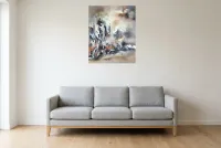 Tableau Abstrait Noir 149 “Château”, peinture originale à l'huile par Régine Gardan, 65 × 80 cm, tableau noir accroché dans un salon